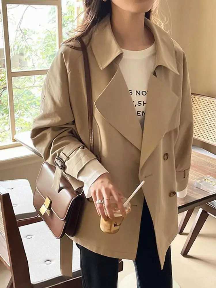 Black Double Breasted Windbreaker Coat Women Versatile 2023 Spring Autumn New Korean Loose Khaki Cardigans Jacket Trench CasualT251216