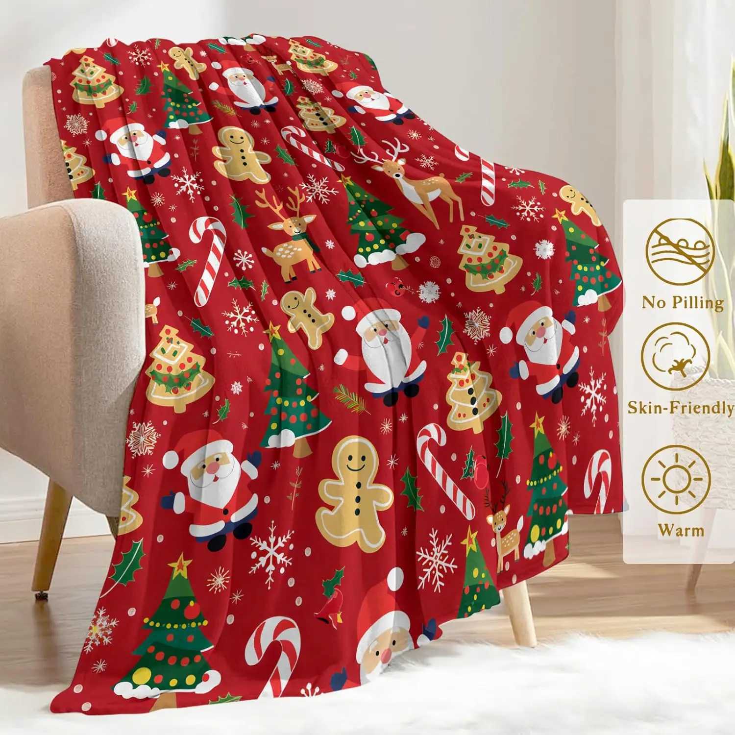 Festive Christmas Santa Throw Blanket- Ultra Soft Fleece LightweightReindeerCandy Cane and Gingerbread Red Blanketsfor Couc H251216 - view 7