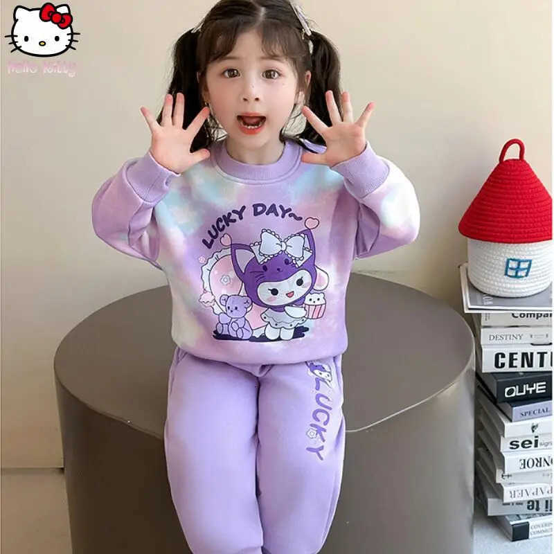 Sanrio 2Pcs Anime Girls Pullover Spring Autumn New Kuromi Kawaii Cartoon Child Long Sleeved Sweet Fashion Sweatshirt Sweatpants H251216