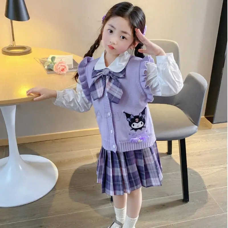 Sanrio Cartoon Anime Girls Vest Knit Cardigan Jk Skirt Kuromi Kawaii My Melody Pleated Skirt Bow Set Spring and Autumn New Style H251216