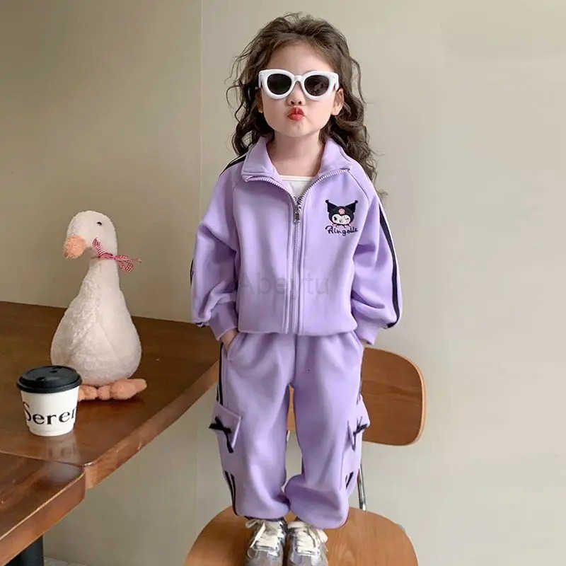 Sanrio Kawaii Kuromi Cartoon Fashion Suit Autumn Students Lovely Cardigan Sweatpants Children Birthday Presents for Girls H251216