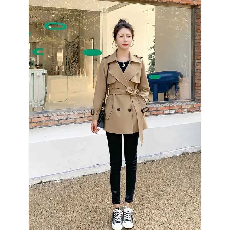 Khaki Hepburn Style Short Windbreaker For Women 2024 Spring And Autumn Trench Coat With Belt high-end Fashion Lace-UP JacketT251216