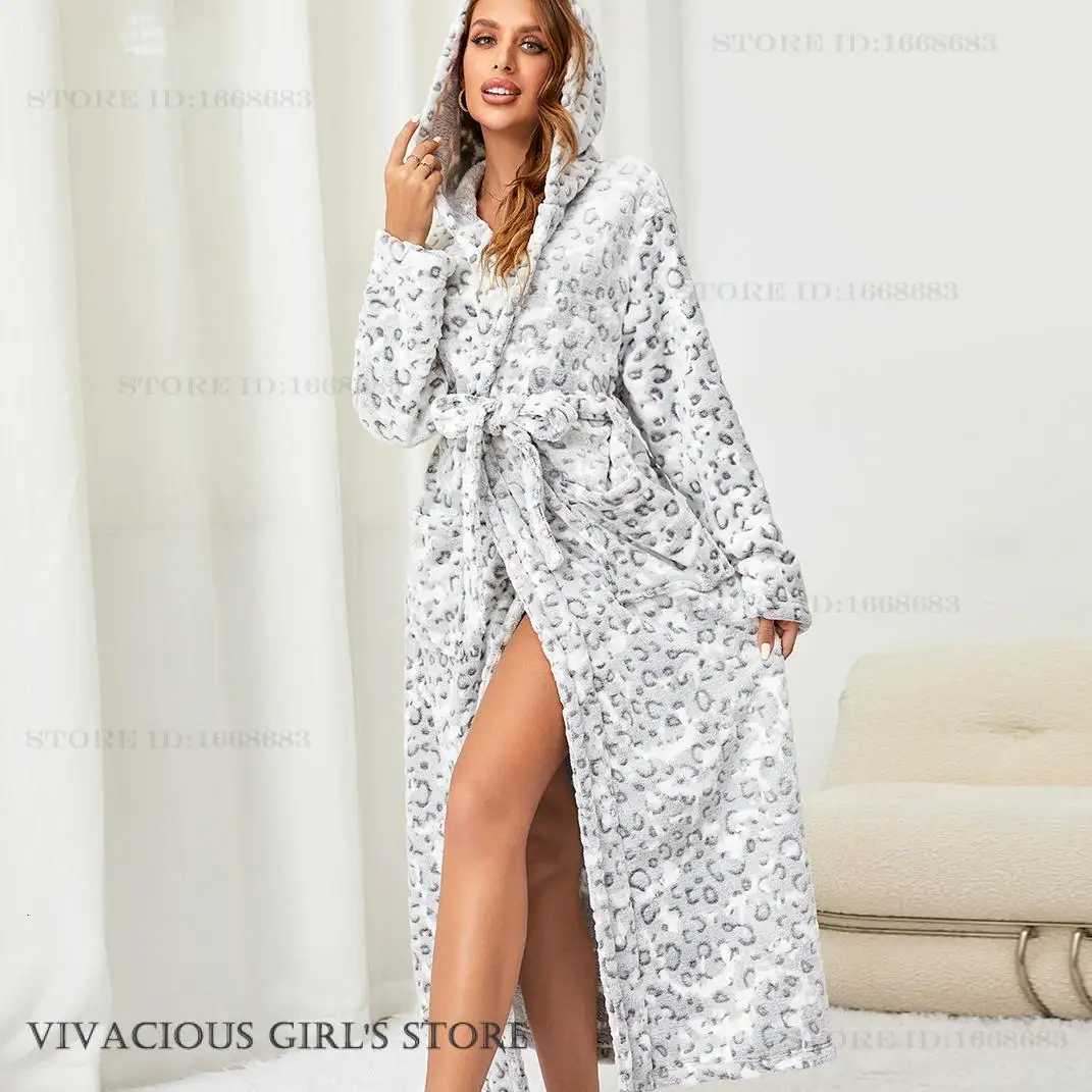 Thicken Flannel Hooded Long Robe Kimono Bathrobe Gown Autumn Winter Women Sleepwear Home Dress Sexy Leopard Negligee Loungewear C251216