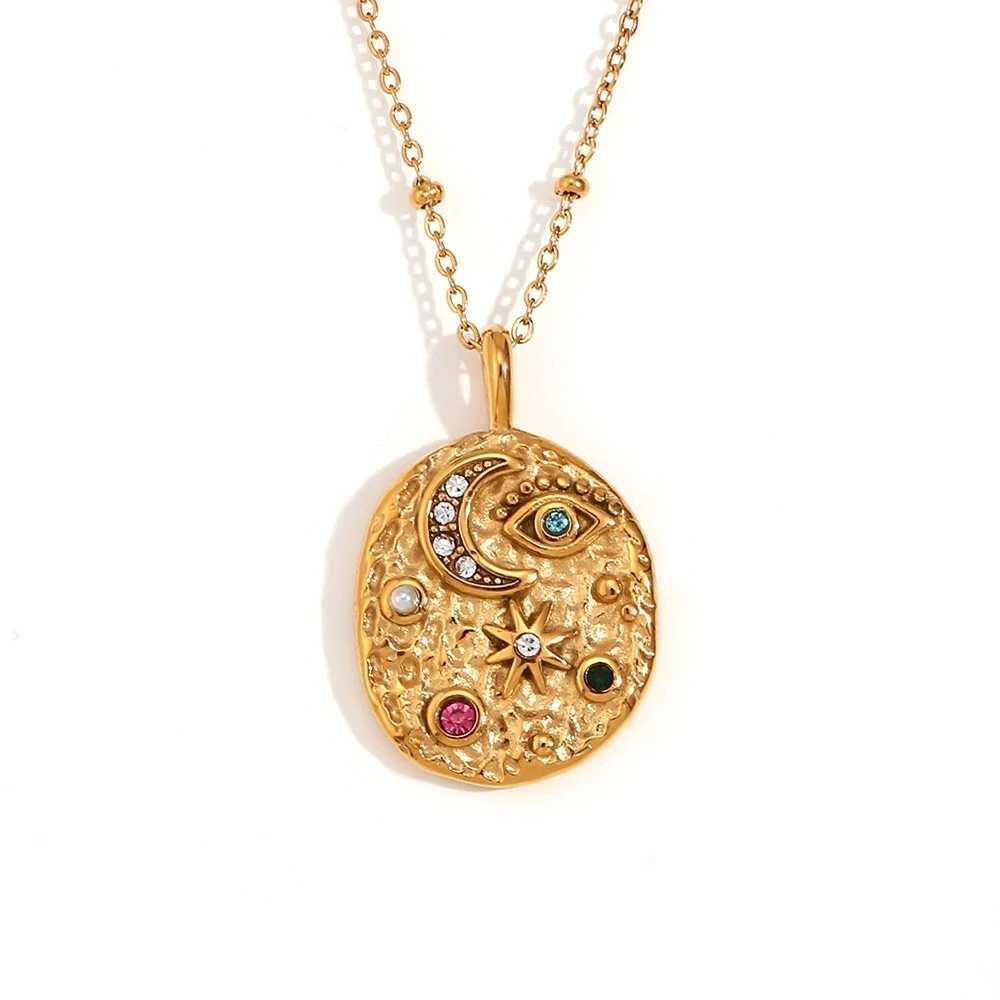 Colored Cubic Zirconia Star Moon Texture Pendant Stainless Steel Retro Luxury Necklace Rings Set Waterproof Jewelry Gift M251216