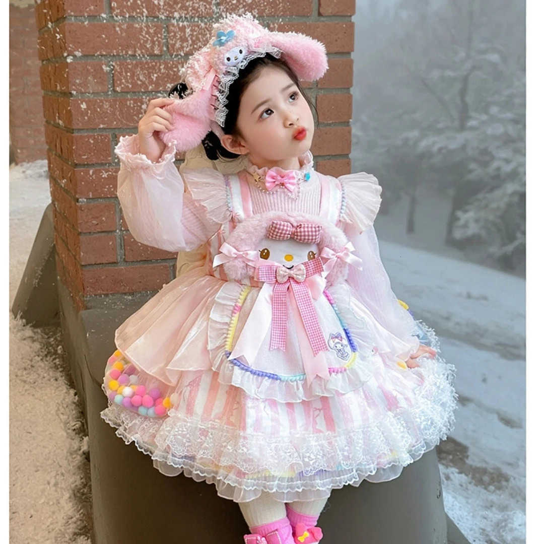 Sanrio New 2025 My Melody Girls Autumn Sweater Dress Lolita Princess Dress Cute Fluffy Dress Party Dress Halloween Cosplay Costume Gift H251216
