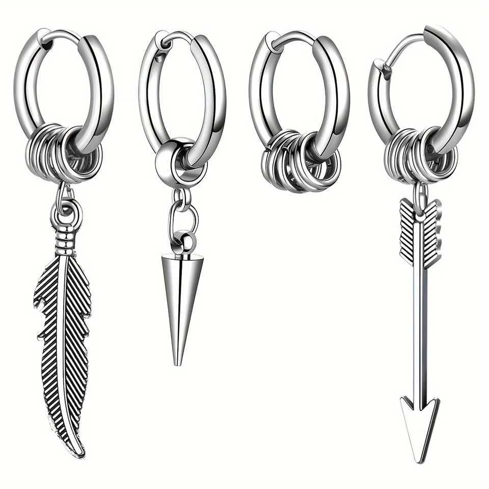 2pcs Gothic Punk Fashion Stainless Steel Feather Arrow Cone Circle Pendant Hoop Earrings Set for Men Women Daily Wear or Party G251216