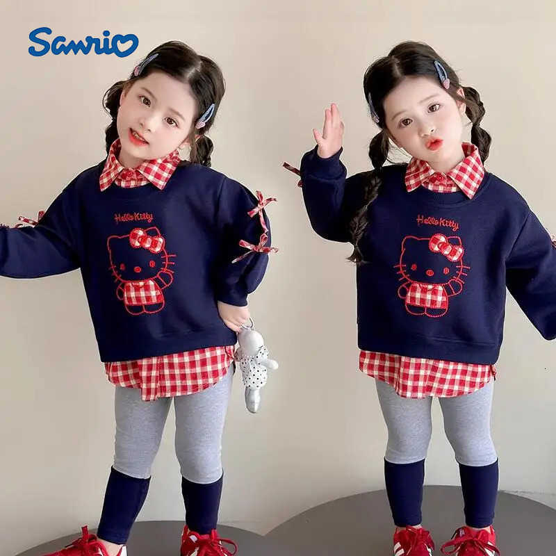 Sanrio Hello Kitty Pullover Pants 2-Piece Set Girl Spring Autumn Tops Leggings Child Kawaii Cartoon Fashion New Casual Clothing H251216