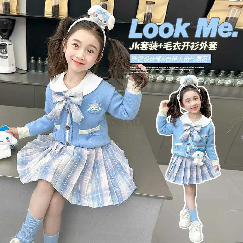 Sanrio Hot Girl Dress Set Cinnamoroll Kawaii Anime Fashion Student Casual Sweater Shirt Skirt 3-Piece Set Children Clothing New H251216