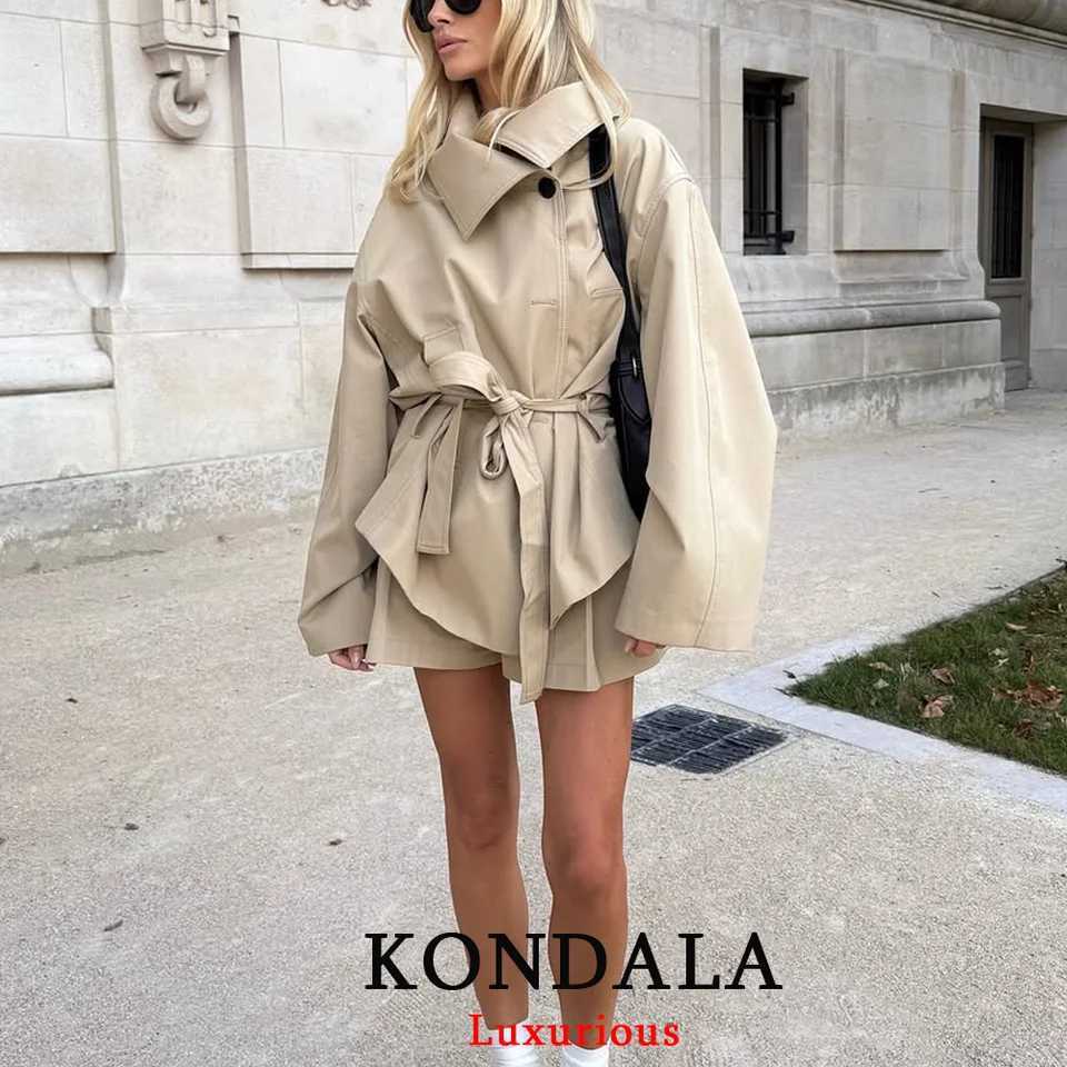 KONDALA Office Lady Chic Khaki Trench Jackets Women Long Sleeve Single Buttons Loose Coats Fashion 2025 Fall Stand Collar JacketT251216