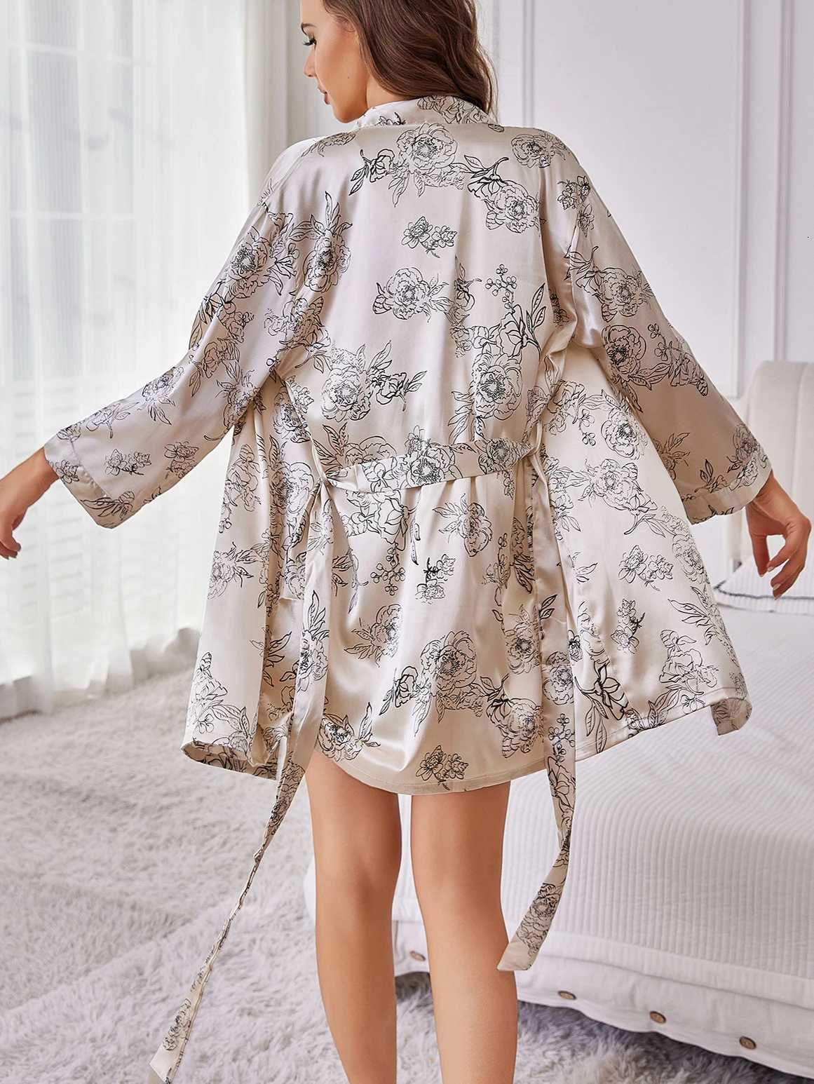 French-Inspired V-Neck Belted Robe Womens Lightweight Silk Loungewear Spring Floral Print Bathrobe with Flowy Sleeves C251216