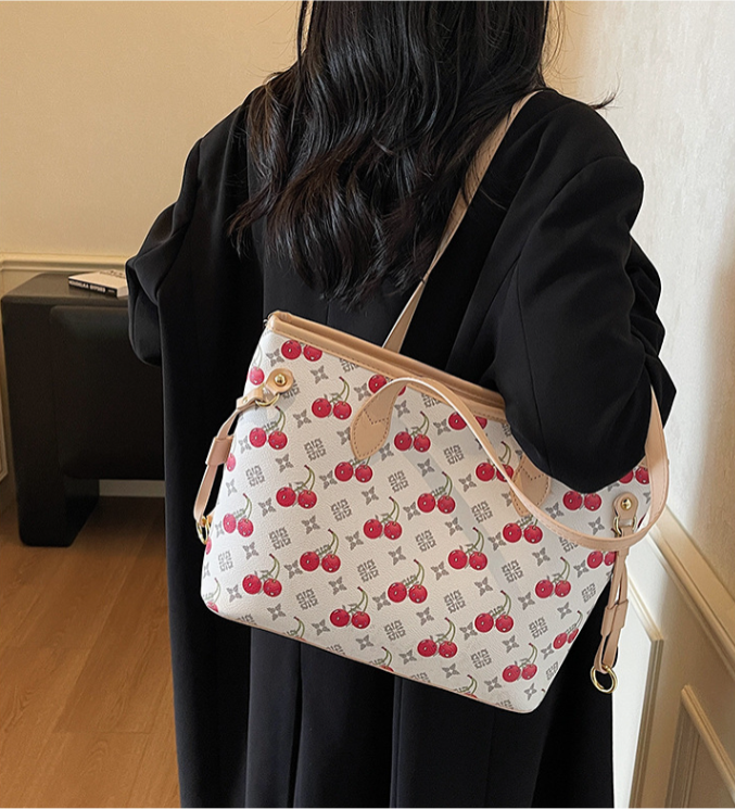 Free shipping 2026 fashion new design cherry print tote bag versatile commuting large capacity shoulder bag beige coffee