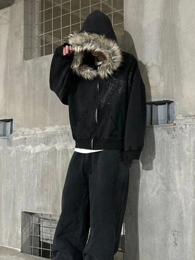 2000s Vintage Therian Fur Hood Jacket Y2k Goth Zip Up Hoodie Oversized Graphic Sweatshirt Emo Grunge Streetwear Fall Winter 251213 - view 3