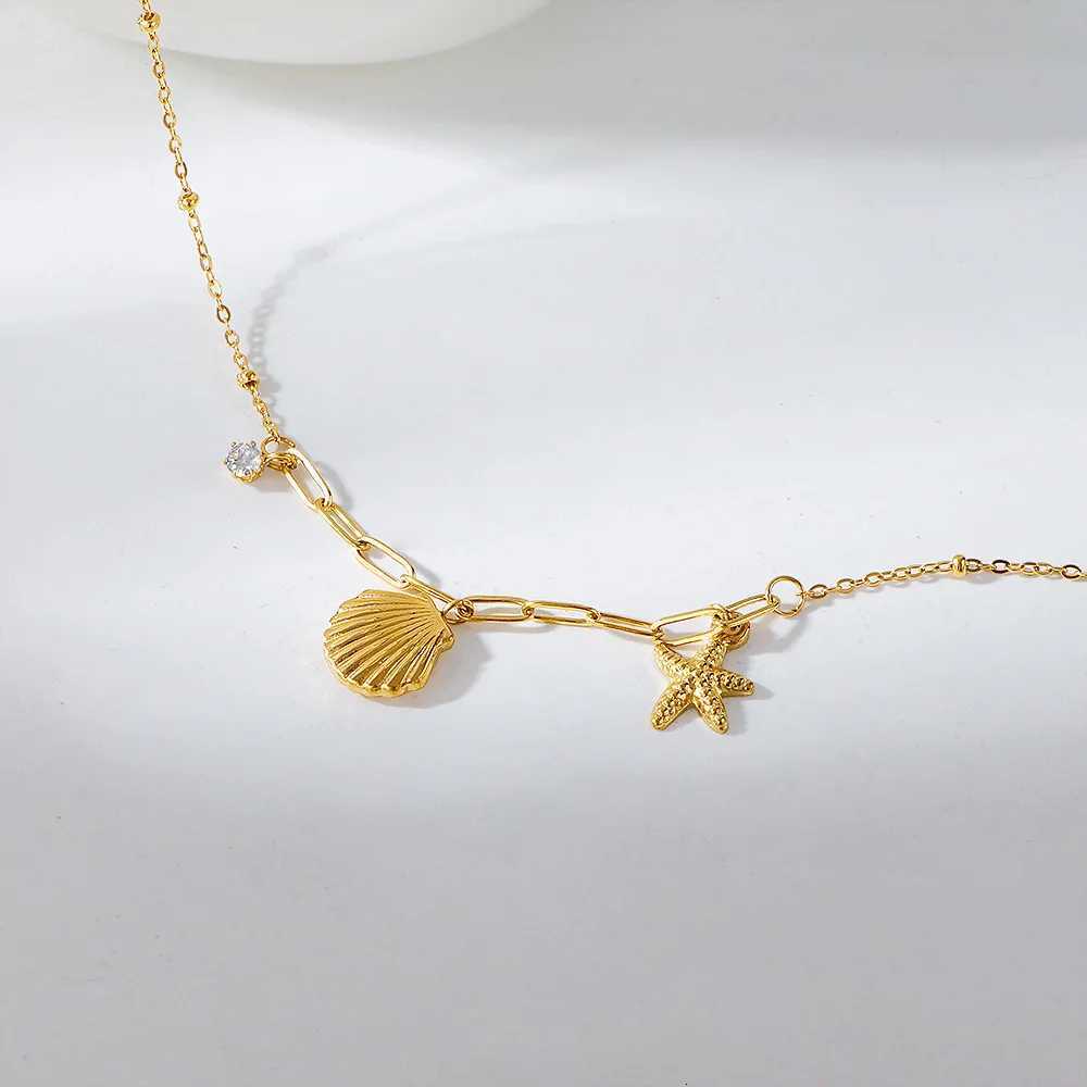 Summer Ocean Style Shell Starfish Charm Necklace Minimalist Zircon Stainless Steel Necklace for Women M251216
