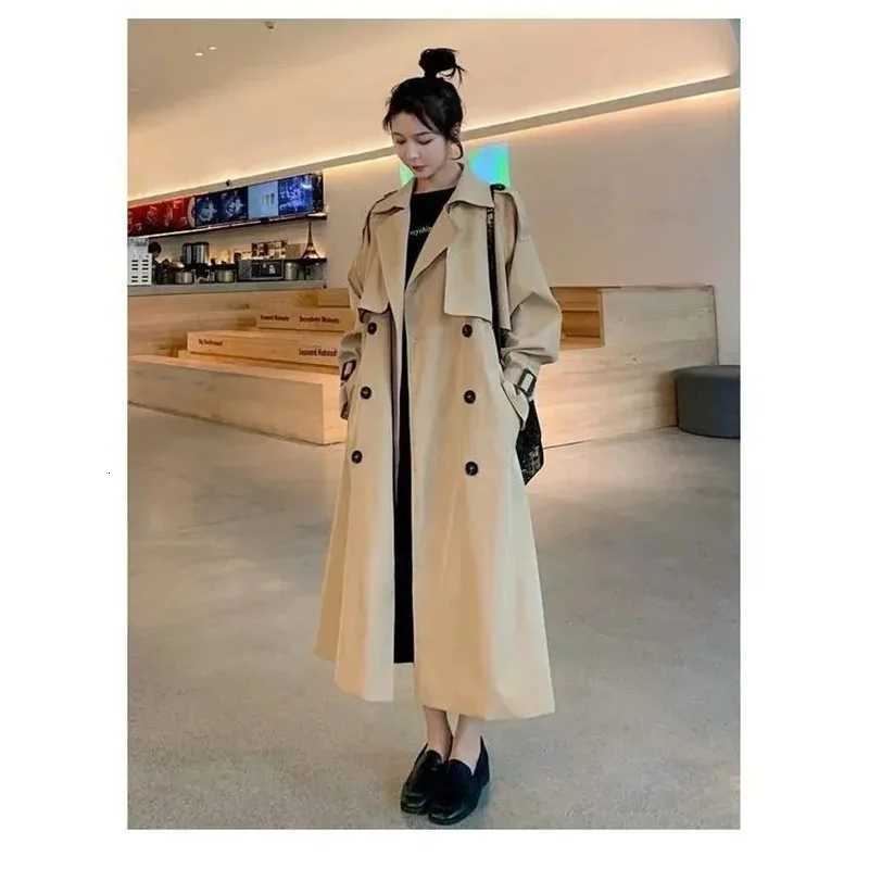 Autumn Winter Khaki Long Trench Coat for Women 2025 Jacket Elegant Outerwear Turn-down Collar Tie Belt Korean Chic WindbreakerT251216
