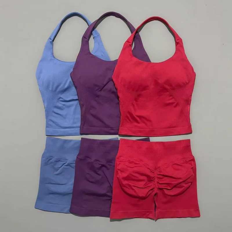 2 Pieces Shorts Yoga Set Women Backless Halter Tops High Waist Seamless Shorts Gym Suit Fitness Sportswear Workout SetsXJ251216