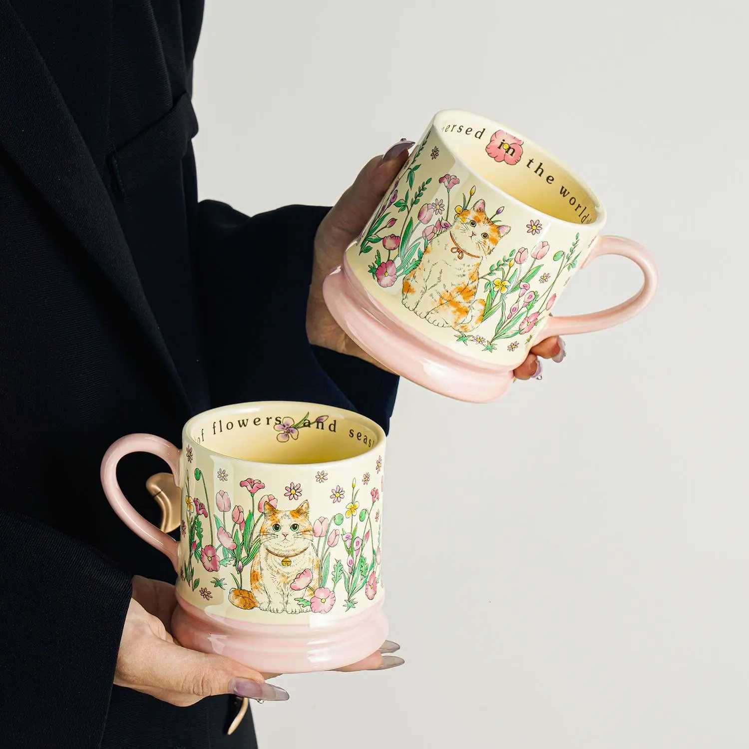 Cute Cat Ceramic g Amidst Flowers Design Inspired Off Coffee gs High-value Couple Tea Cup Holiday Gift Kawaii Cup H251215