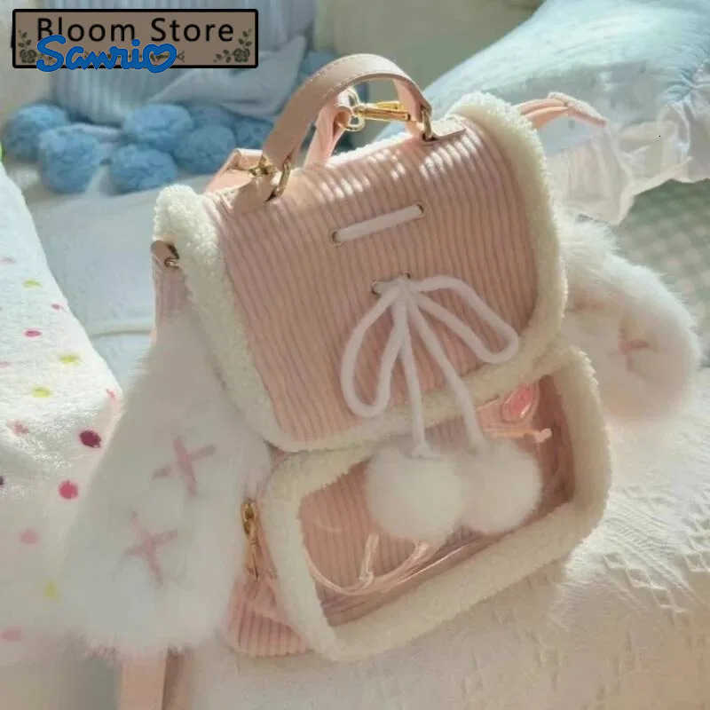Sanrio Korean Patchwork Fluffy Ears Transparent Ita Bags Casual Simple Kawaii Cute Schoolbags Sweet Y2k Girls Fashion Backpacks Women H251216