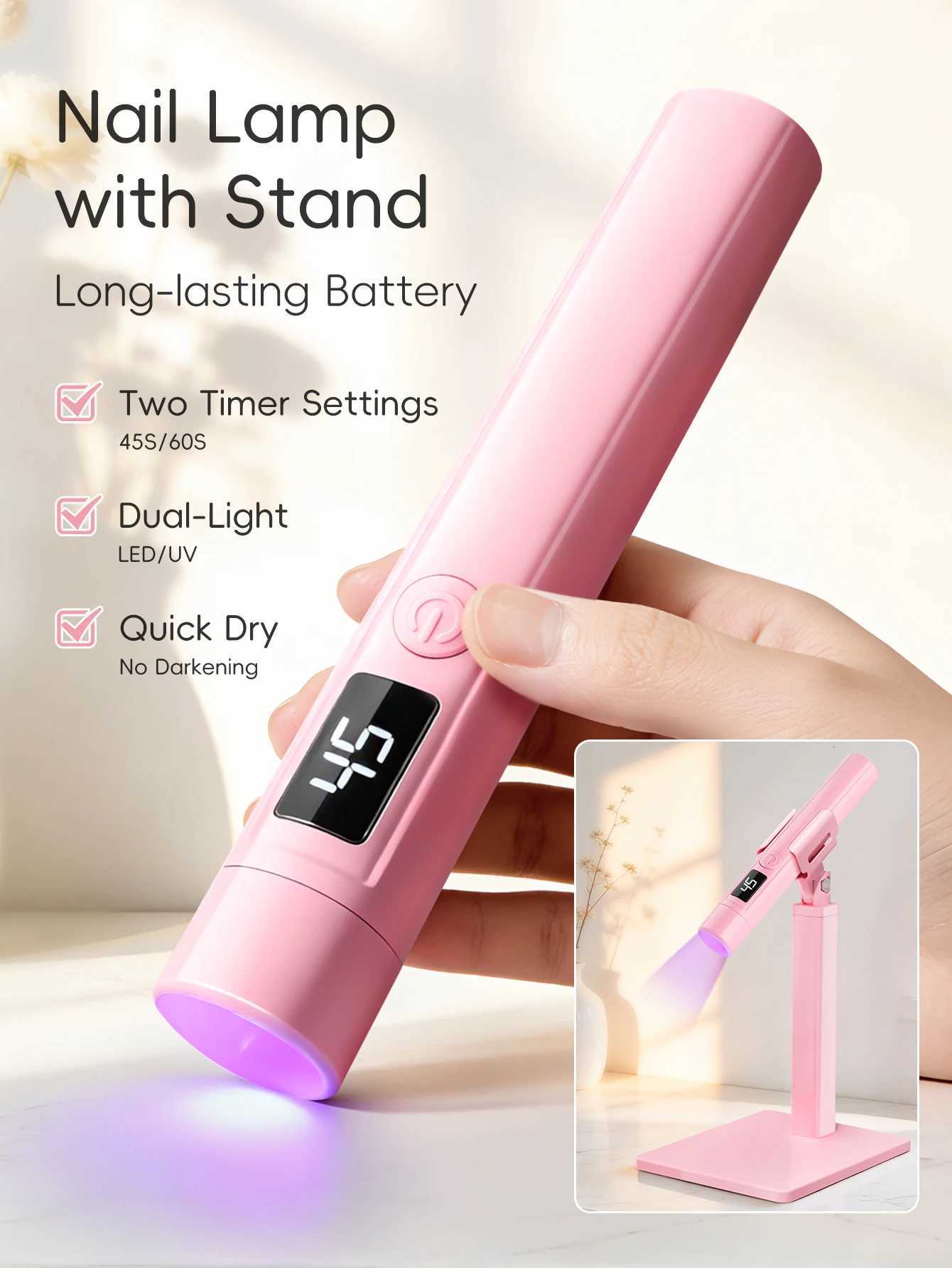 1Pc Pink Handheld Manicure Word Lamp with Screen Display Bracket 360 Degrees Rotary Multifunctional Rack Stick Nail Tip HeatingT251216