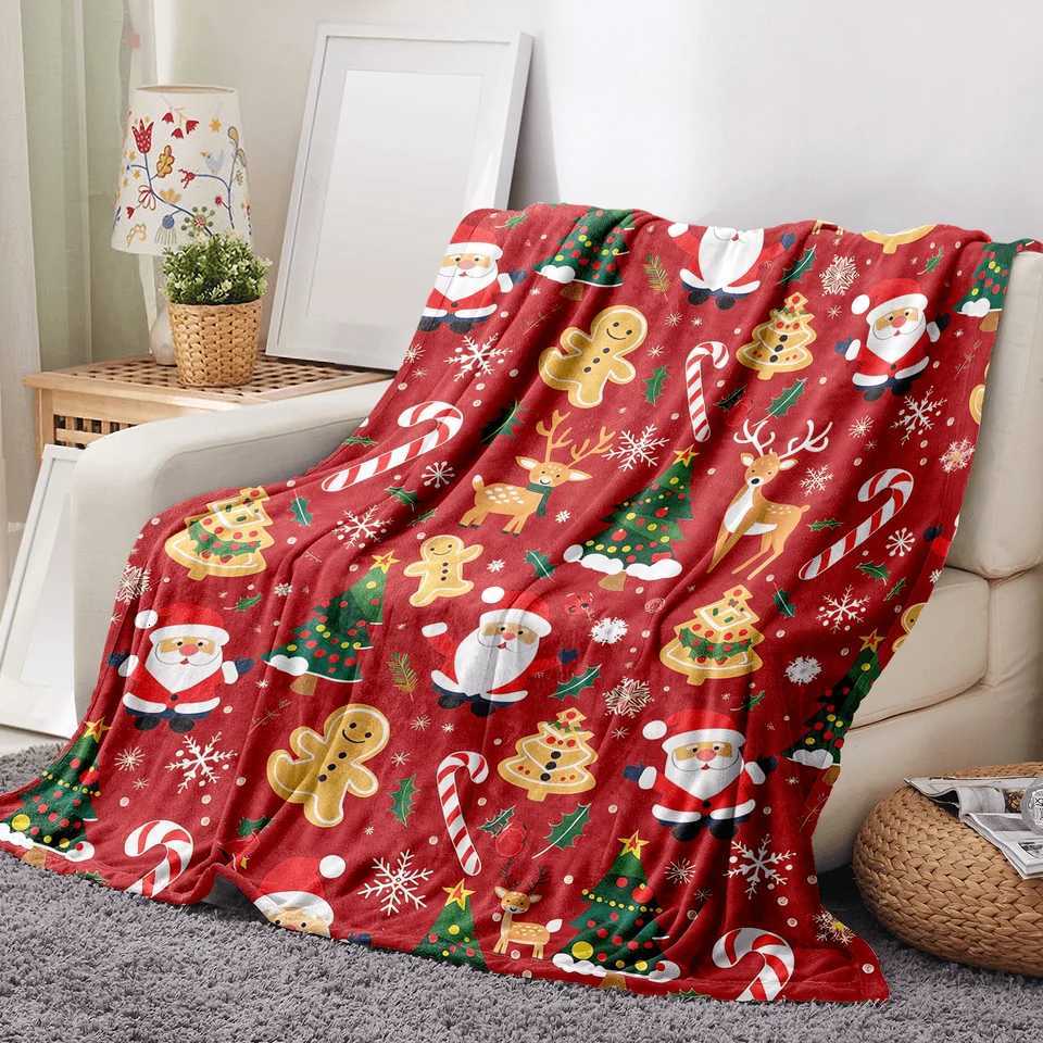 Festive Christmas Santa Throw Blanket- Ultra Soft Fleece LightweightReindeerCandy Cane and Gingerbread Red Blanketsfor Couc H251216 - view 3