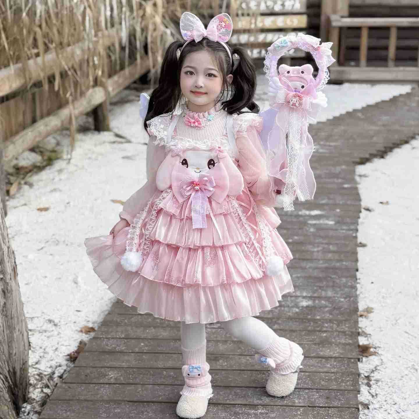 Sanrio Anime My Melody Lolita Princess Dress Girls Ruffled Tutu Skirt Layered Dress Kids Bow Decoration Party Dress Ball Gown Gift H251216