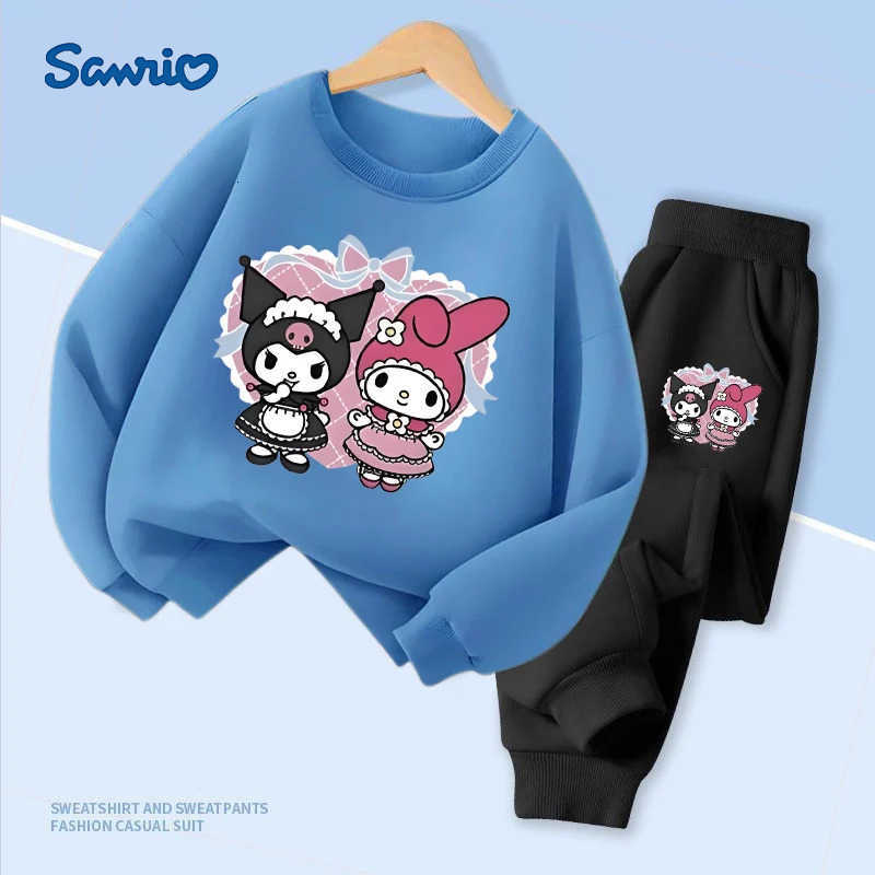 Sanrio Spring Childrens Colthes Sets Cartoon Kuromi and My Melody Print Girls Pullover Tops and Pants 2pcs Breathable Thin Kids Clothes H251216
