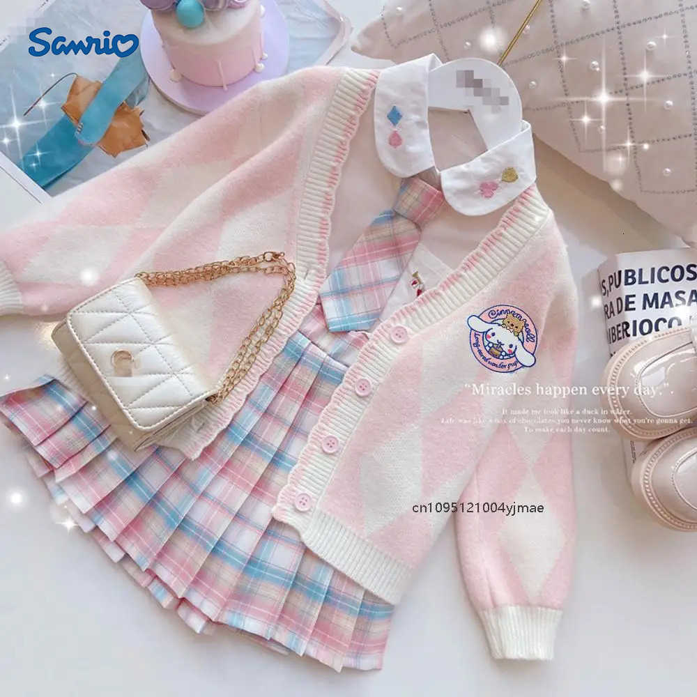 Sanrio 3Pcs Cinnamoroll Childrens Jk Pleated Skirt Set Anime Cardigan Sweater High-Quality Shirt Sweater Y2K Teen College Set H251216