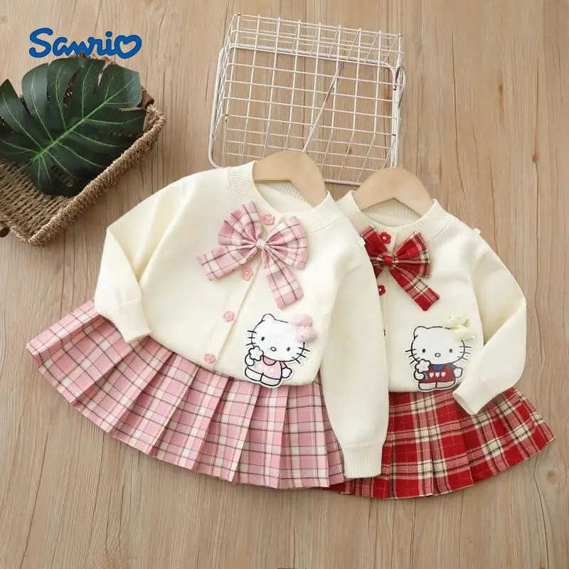 Sanrio Anime Hello Kitty Girls Autumn Knitted Coat Set College Style Jk Cardigan Jacket And Pleated Skirt Two-Piece Set for Children H251216