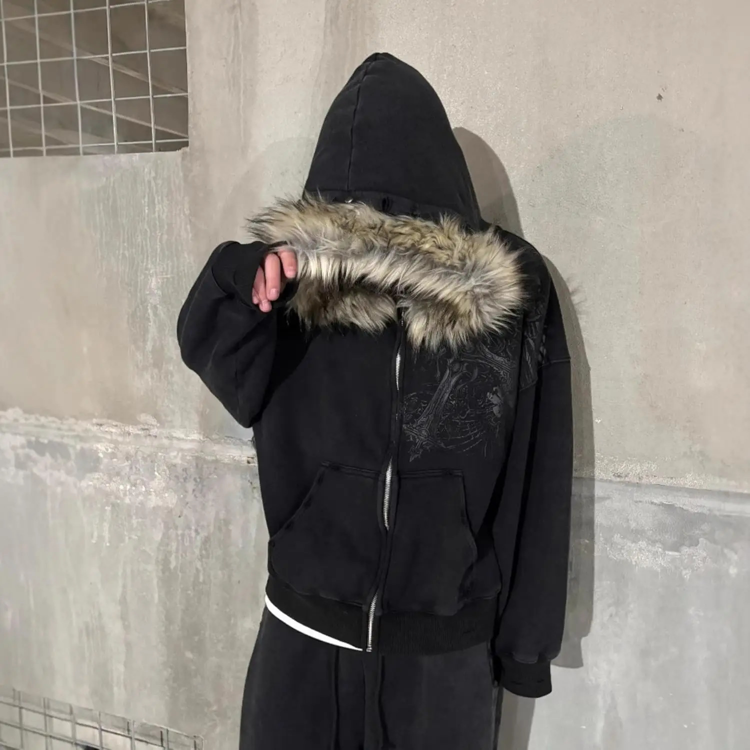 2000s Vintage Therian Fur Hood Jacket Y2k Goth Zip Up Hoodie Oversized Graphic Sweatshirt Emo Grunge Streetwear Fall Winter 251213 - view 4