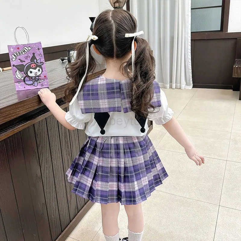 Sanrio Summer Kuromi Anime Kawaii Ins Fashion Short Sleeve Shirt Skirt 2025 New Cute Pleated Skirt Two-piece Set Clothes Gifts H251216