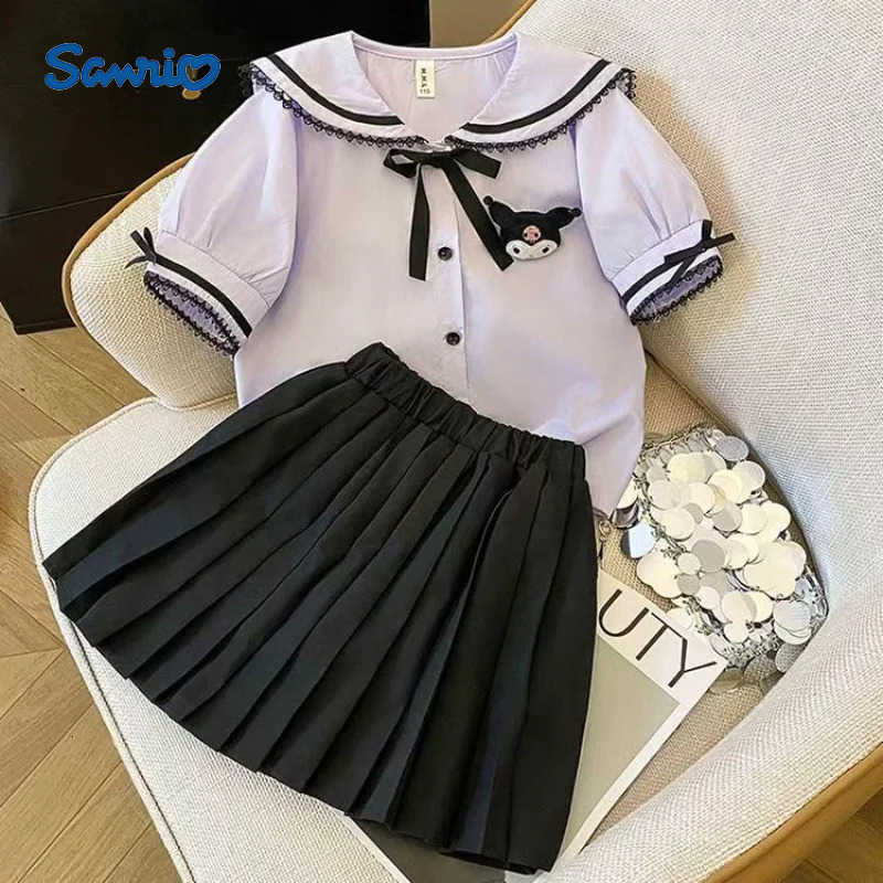Sanrio Kuromi Skirt Suit Summer Teen Girls Children Short-Sleeved Cartoon T-shirt TopsPlaid Pleated Skirt 2Pcs Set Preppy Dress H251216