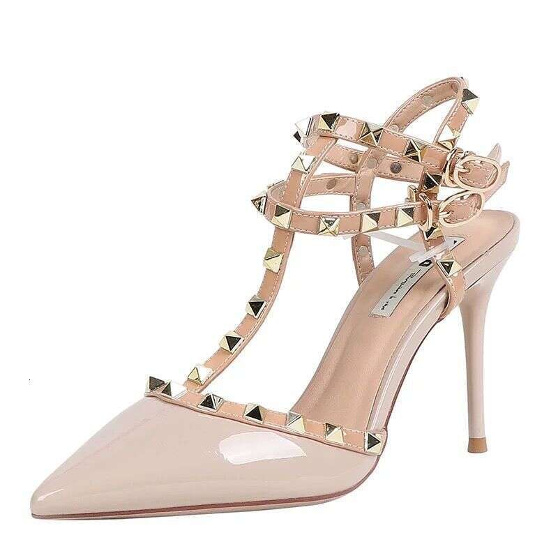 Studded High Heels Thin Heel Single Shoes Versatile 2023 Summer Sexy Pointed Toe T-Strap Backless Rivet Sandals Women