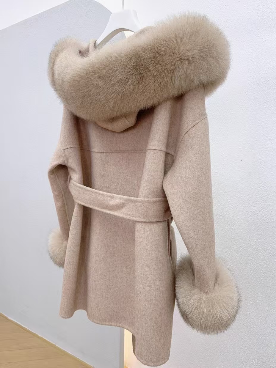 Real Fur Coat Hood Winter Jacket Womens 100% Natural Fox Fur Collar Cuff Cashmere Wool Blended Oversized Coat Loose 240826