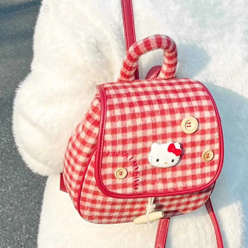 Sanrio Hello Kitty Lovely Atmosphere Red Plaid Small Backpack Woolen Large Capacity Travel Fresh Sweet Girlish Light Backpack H251216