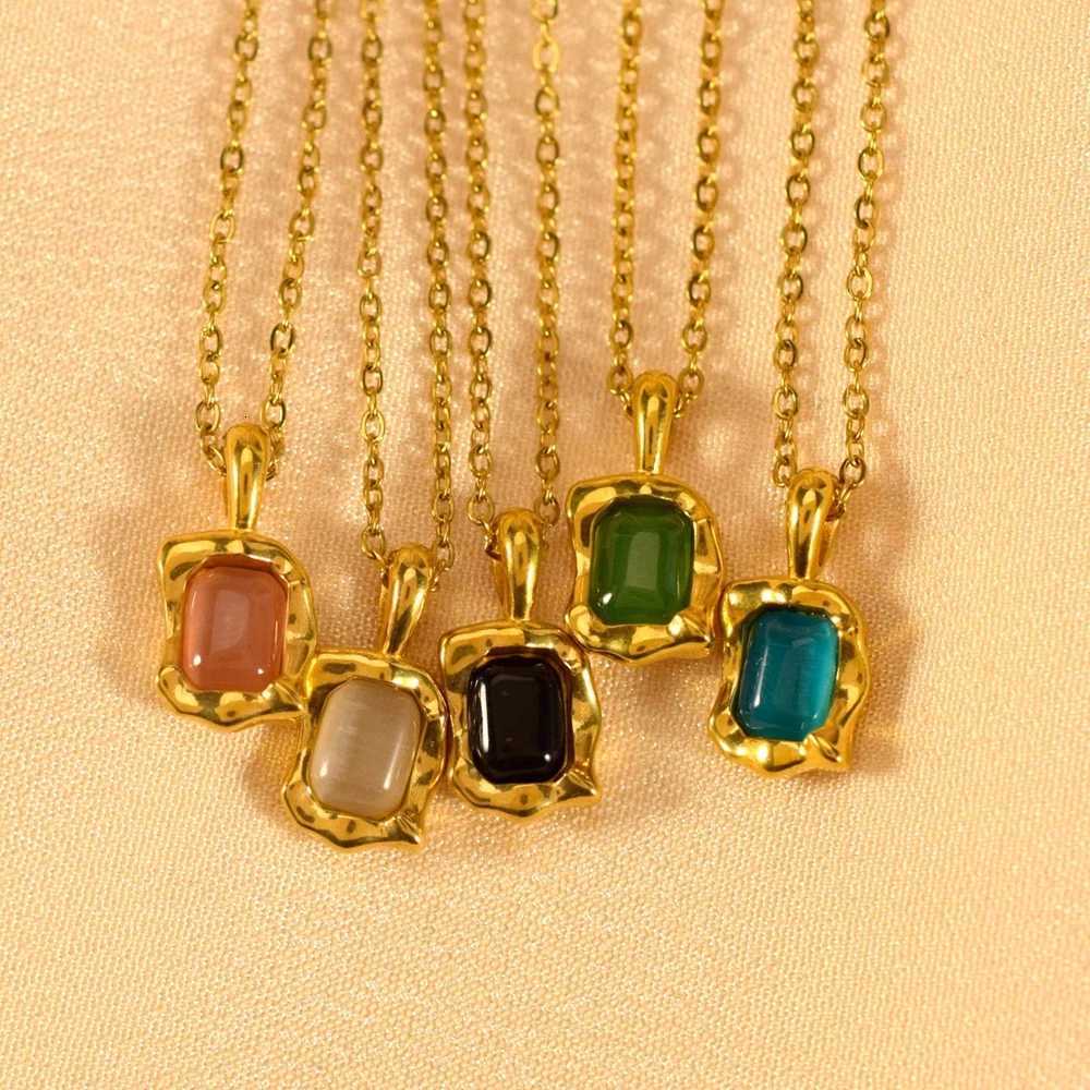 Color Square Irregular Pattern Cats Eye Stone Necklace Clavicle Chain Stainless Steel Jewelry for Autumn Winter M251216