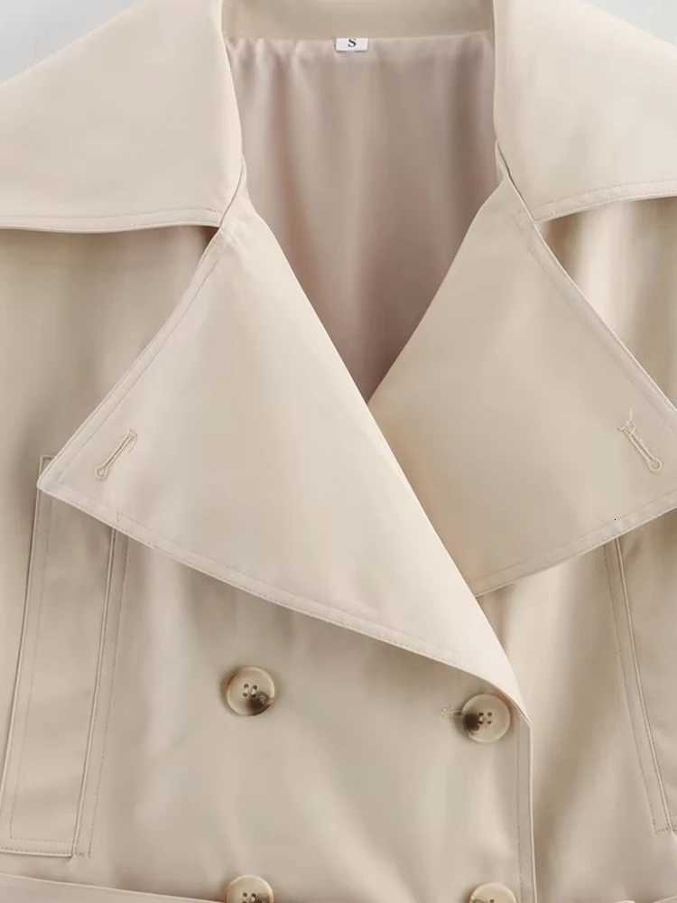 Double Breasted Crop Trench Coat for Women Fashion Belt Long Sleeve Lapel Collar Chic Outerwear Female TopsT251216