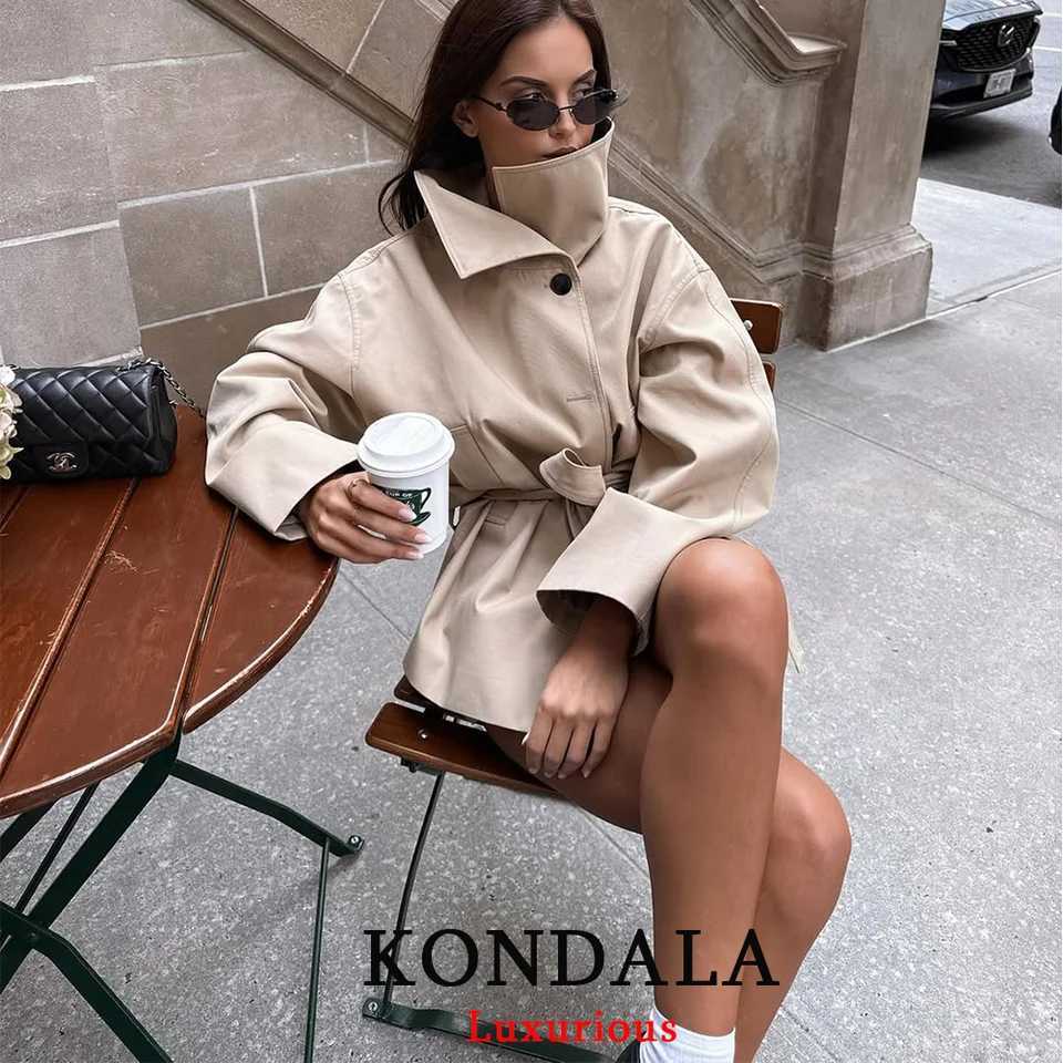 KONDALA Office Lady Chic Khaki Trench Jackets Women Long Sleeve Single Buttons Loose Coats Fashion 2025 Fall Stand Collar JacketT251216
