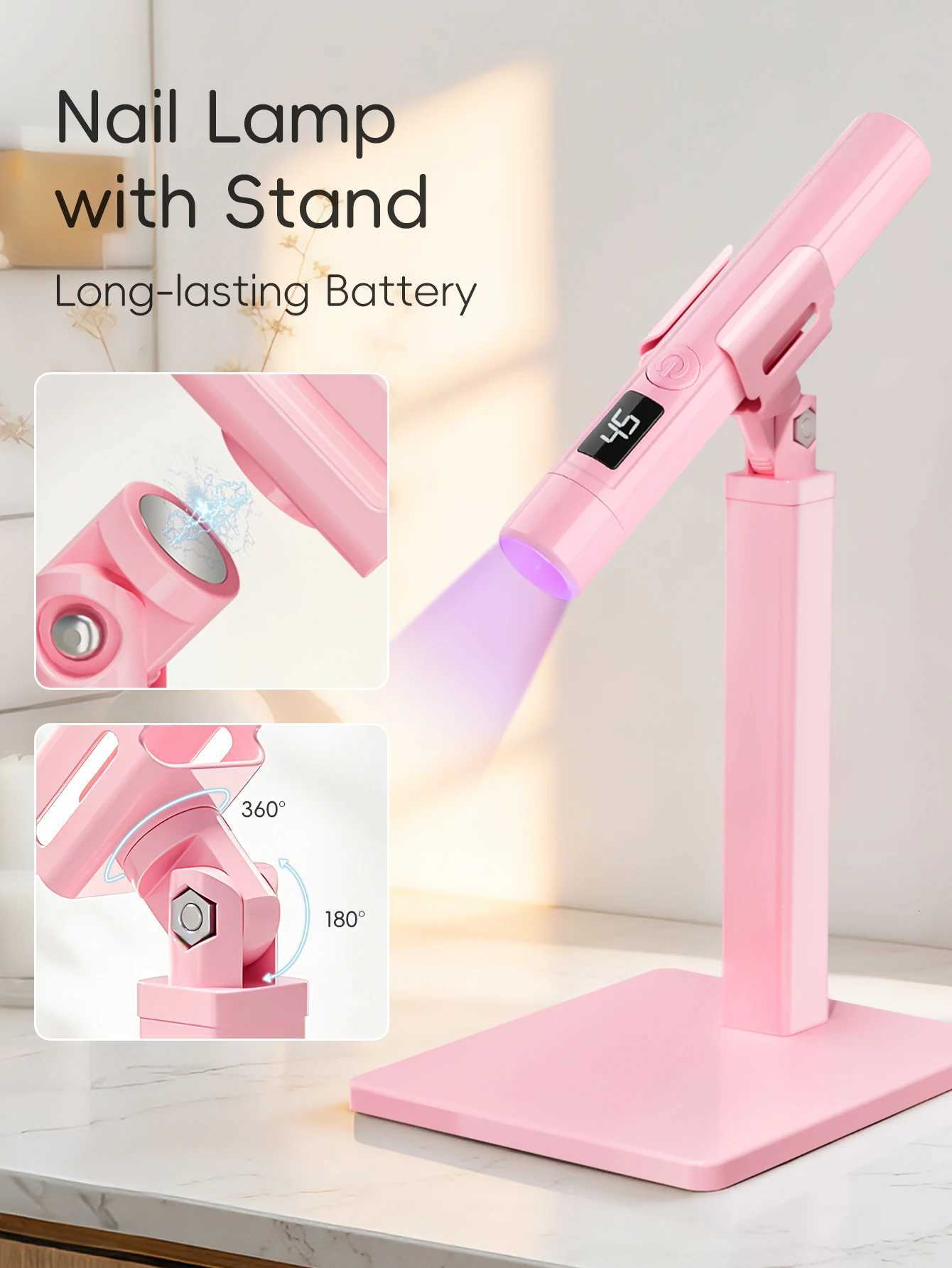 1Pc Pink Handheld Manicure Word Lamp with Screen Display Bracket 360 Degrees Rotary Multifunctional Rack Stick Nail Tip HeatingT251216