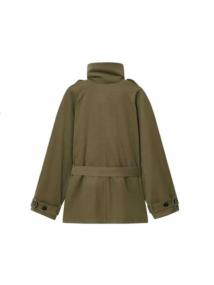 Womens 2025 Autumn New Trench Coat Style Army Green Long Sleeve Cotton Belt Decorative Trench Coat Casual Versatile jacketT251216