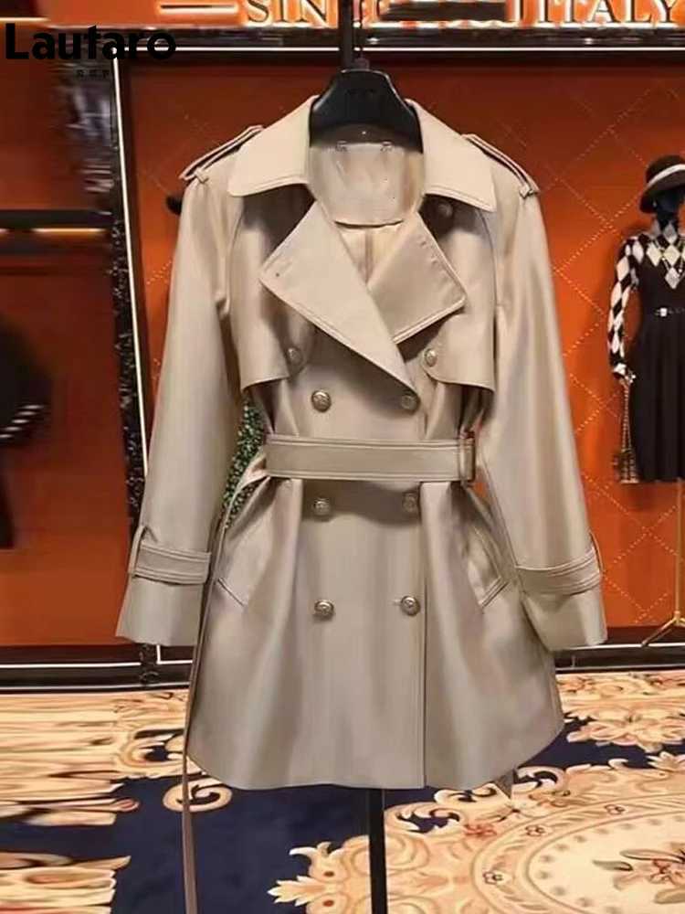 Lautaro Spring Autumn Khaki Satin Trench Coat for Women Belt Double Breasted Elegant High Quality Luxury Designer Clothing 2024T251216
