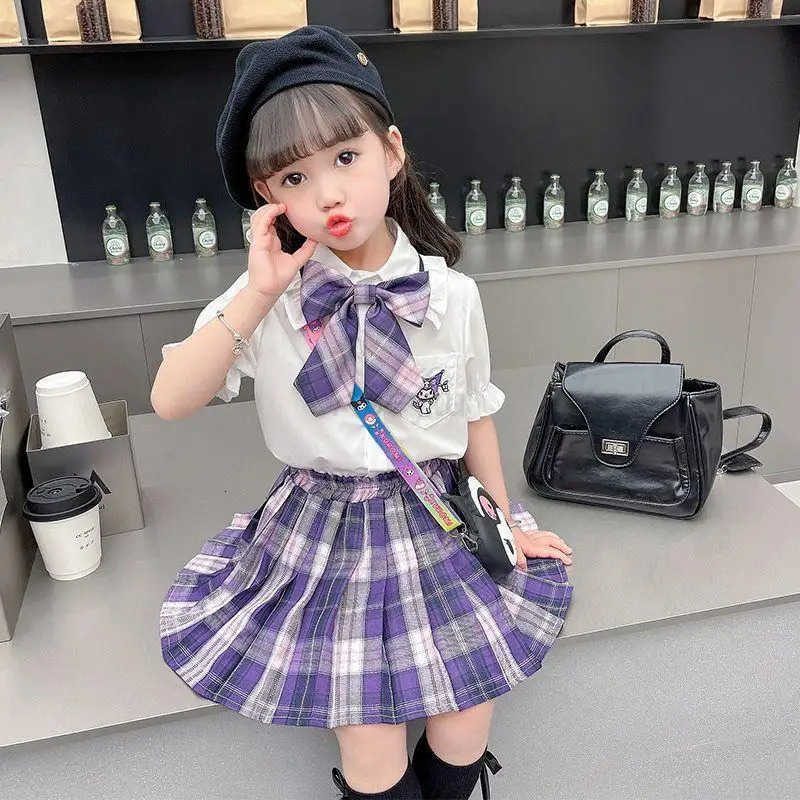 Sanrio Sanrios Kuromi Short Sleeve 2Pcs Summer College Puff Sleeve Uniform New Style Girl Three-Dimensional Bow Sweet Versatile Skirt H251216