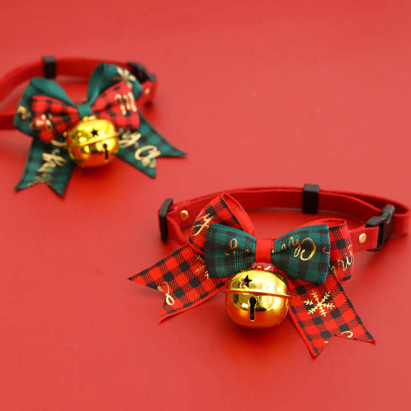 Christmas Pet Cartoon Collar Bell Bow & Cat Dog Necklace Red Green Cute Decoration