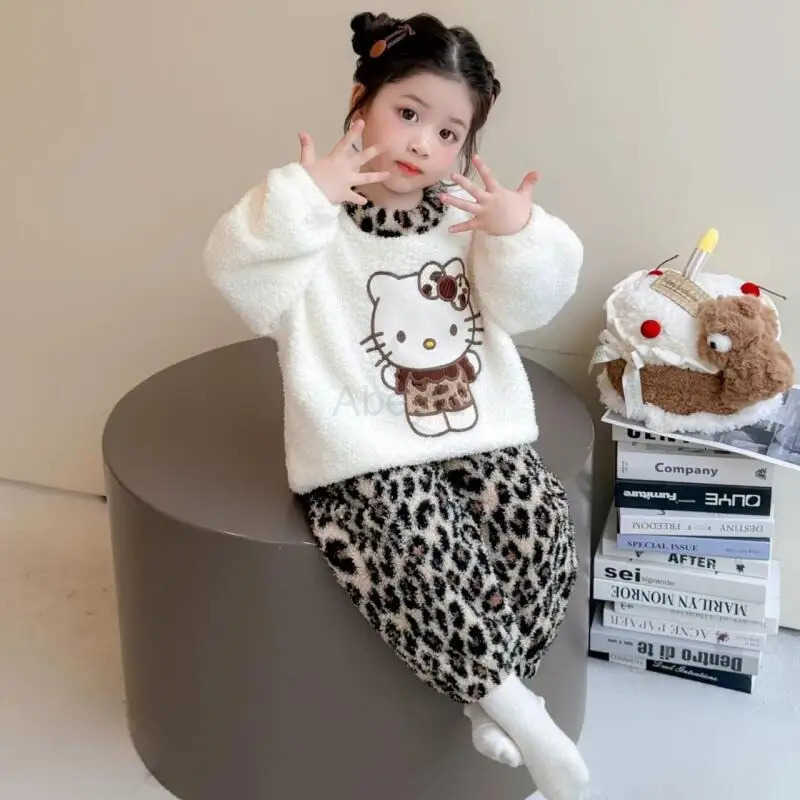 Sanrio Hello Kitty Girls Flannel Pajamas Autumn Winter Childrens Thickened Warm Cute Baby Girls Home Clothes Set Cute Gift H251216
