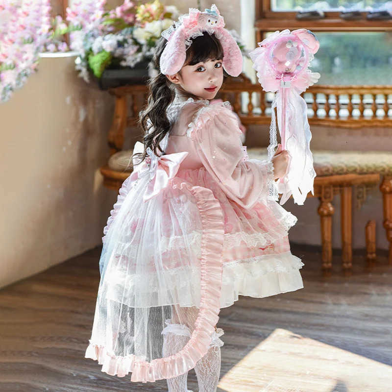 Sanrio Anime My Melody Girls Lolita Princess Party Dress with Bow Decoration Ruffled Tutu Skirt Layered Design for Halloween Gift H251216
