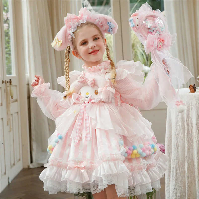 Sanrio Anime My Melody Girls Lolita Princess Dress with Bow Decoration Ruffled Tutu Skirt Layered Party Halloween Costume for Kids H251216