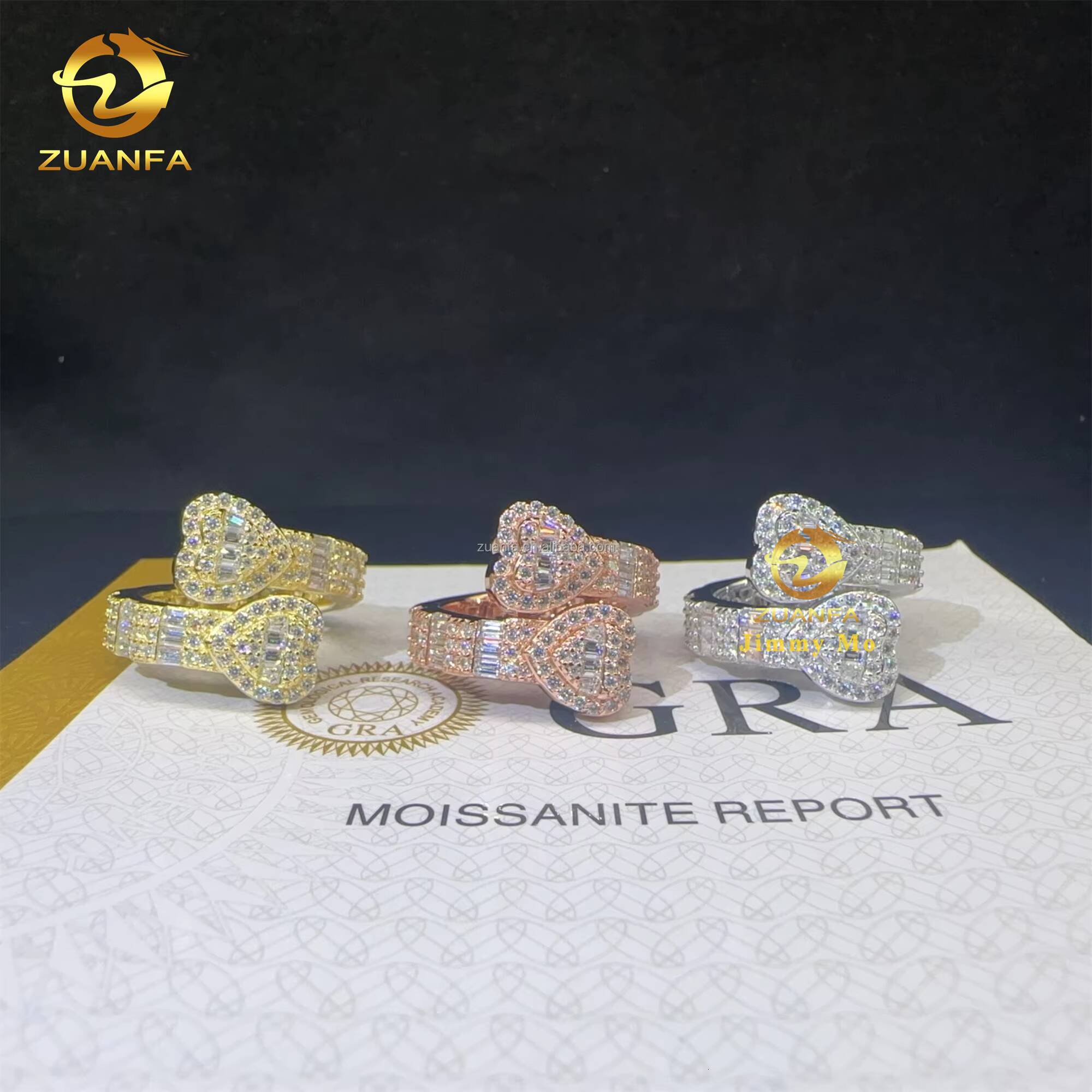 Drop Shipping Price 925 Sterling Silver Full With Baguette Moissanite Diamond Hip Hop Iced Out Two Heart Shape Ring Women Mens