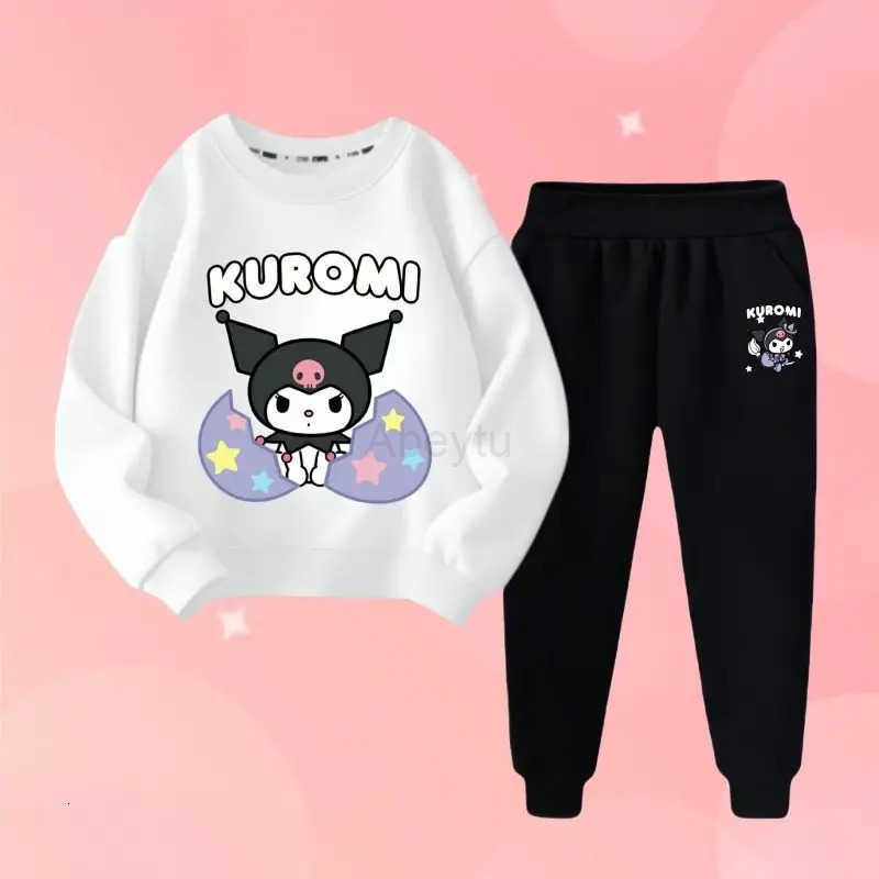 Sanrio Girls Cartoon Kuromi Print Long Sleeved T-shirts and Solid Color Pant 2Pcs Childrens Fashion Sweatshirt Sweatpants Set Wear H2512161