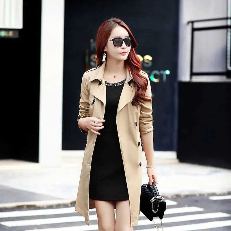 Women British Style Windbreaker Streetwear Double Breasted Trench Coats Elegant Autumn Winter Khaki Or Black JacketsT251216