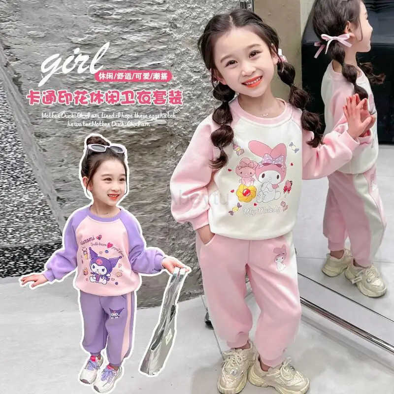 Sanrio Hello Kitty Western-style Little Girls Sports Style Hoodie Two-piece Set for Spring Kawaii Y2k Anime Childrens Clothing H251216