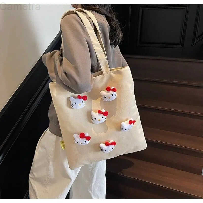 Sanrio Sanrioas Hello Kittys Hot Cartoon Large Capacity Shopping Bag Giving Girlfriend Portable Versatile Oneshoulder Tote Canvas Bag H251216