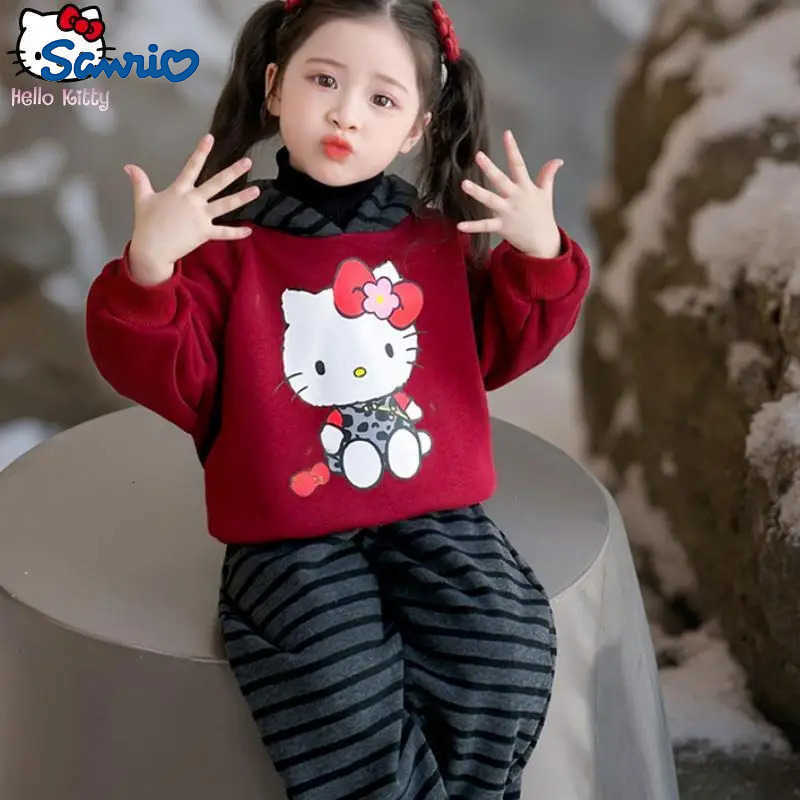 Sanrio Girls Thickened Kawaii Sweatshirt Pants Suit Cartoon Autumn Winter New Anime Warm Hooded T Shirt Striped Pant Two Piece Set Tops H251216
